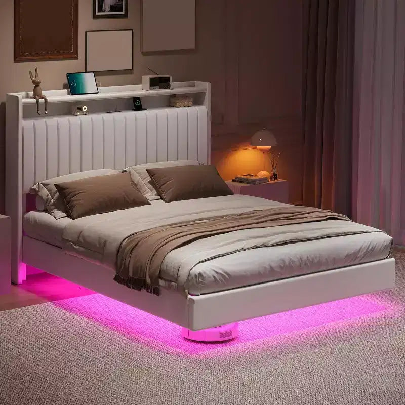 Full-size Bed Frame is 50 Inches High and Does not Require a Spring Box. PU Genuine Leather Rack with Headboard, Double-layer Storage