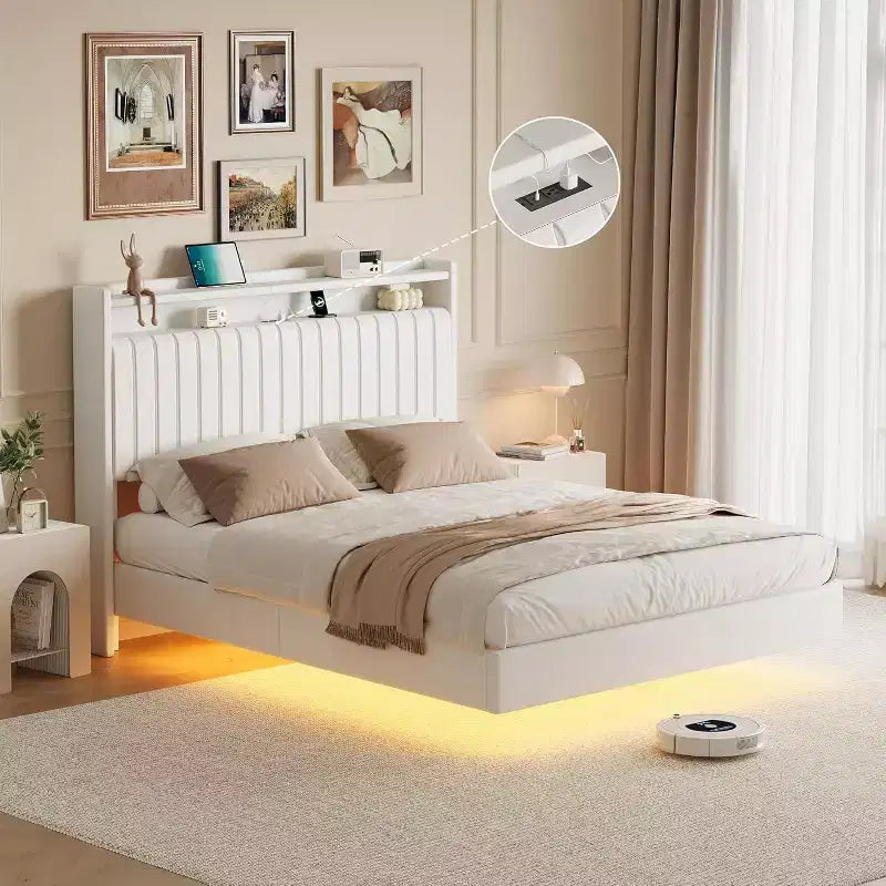 Full-size Bed Frame is 50 Inches High and Does not Require a Spring Box. PU Genuine Leather Rack with Headboard, Double-layer Storage
