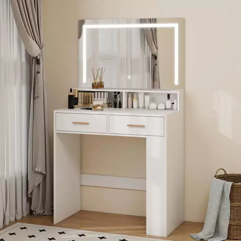Vanity Desk With Mirror, Compact Makeup Vanity Table With 2 Large Drawers, Shelves, 3 Color Modes Adjustable Light, White