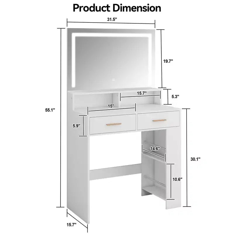 Vanity Desk With Mirror, Compact Makeup Vanity Table With 2 Large Drawers, Shelves, 3 Color Modes Adjustable Light, White