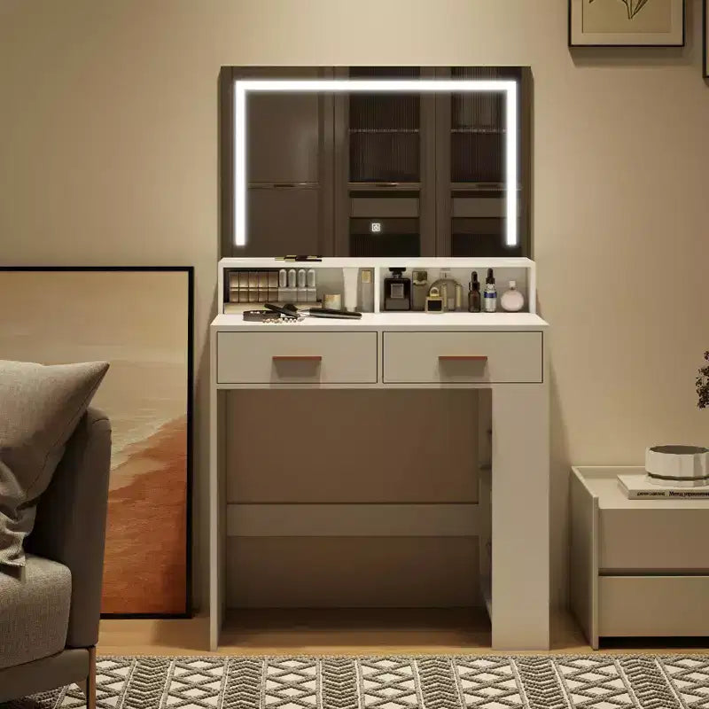 Vanity Desk With Mirror, Compact Makeup Vanity Table With 2 Large Drawers, Shelves, 3 Color Modes Adjustable Light, White