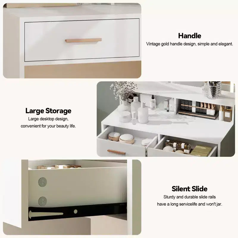 Vanity Desk With Mirror, Compact Makeup Vanity Table With 2 Large Drawers, Shelves, 3 Color Modes Adjustable Light, White