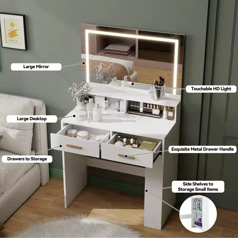 Vanity Desk With Mirror, Compact Makeup Vanity Table With 2 Large Drawers, Shelves, 3 Color Modes Adjustable Light, White