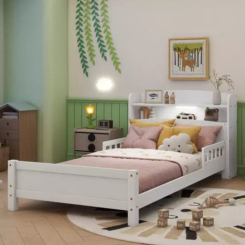 Twin Pine Wood Bed with Bookcase Headboard ,LED Motion Sensor Light, Guardrails,White