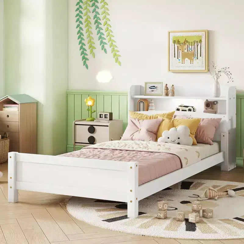 Twin Pine Wood Bed with Bookcase Headboard ,LED Motion Sensor Light, Guardrails,White