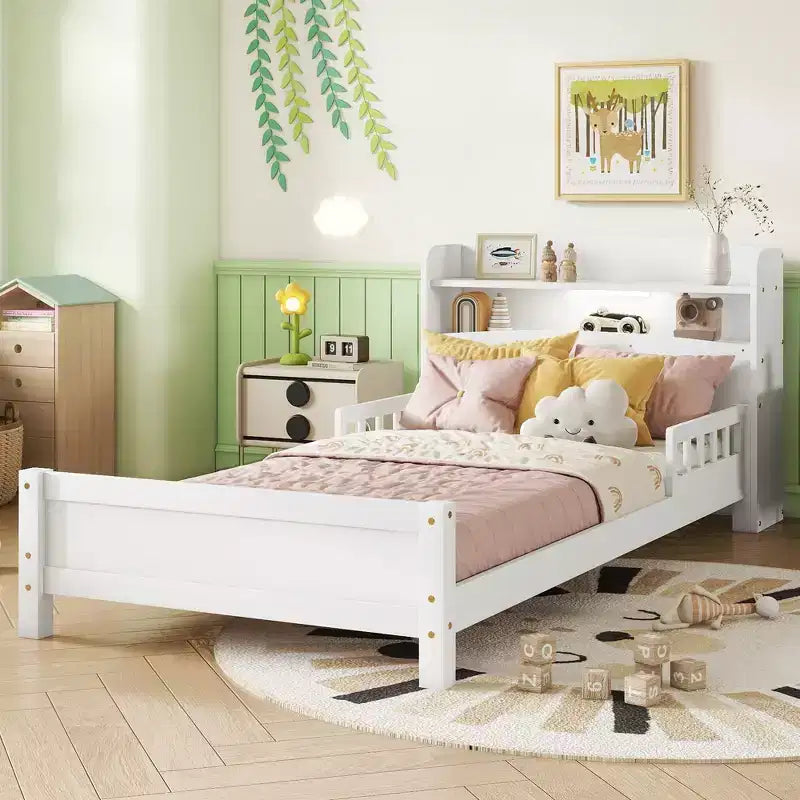 Twin Pine Wood Bed with Bookcase Headboard ,LED Motion Sensor Light, Guardrails,White