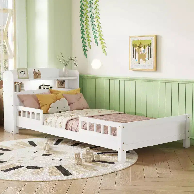 Twin Pine Wood Bed with Bookcase Headboard ,LED Motion Sensor Light, Guardrails,White