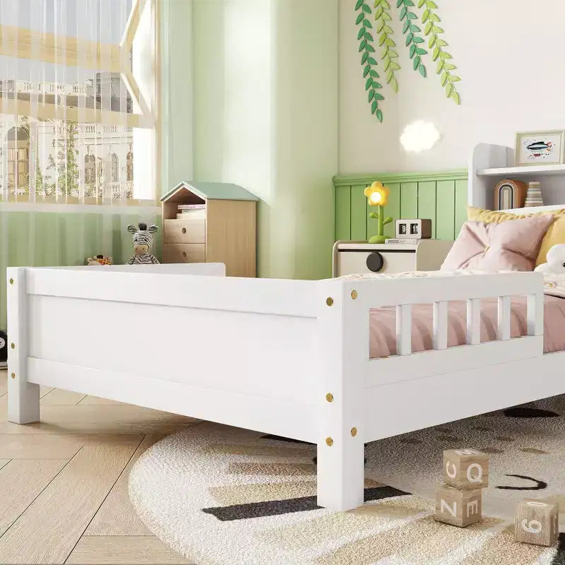 Twin Pine Wood Bed with Bookcase Headboard ,LED Motion Sensor Light, Guardrails,White