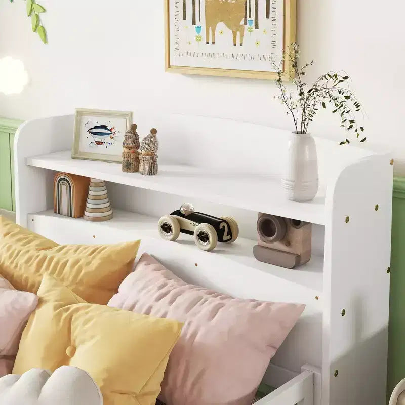 Twin Pine Wood Bed with Bookcase Headboard ,LED Motion Sensor Light, Guardrails,White