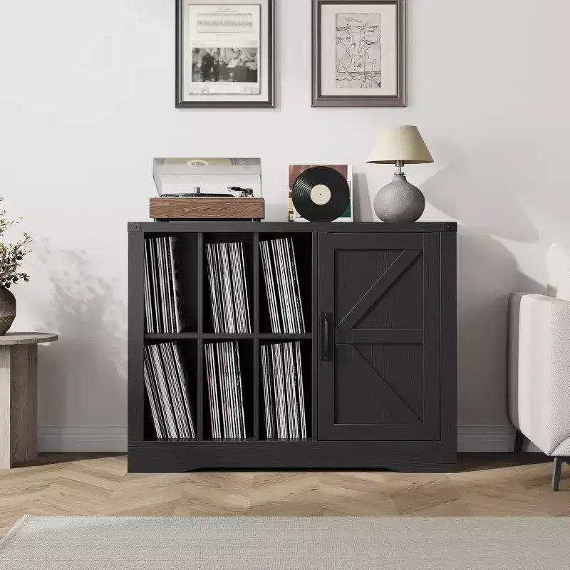 Farmhouse Record Player Stand with Barn Door, Vinyl Storage Cabinet for 750 Albums, Turntable Table with Display Shelves, Wooden Media Console