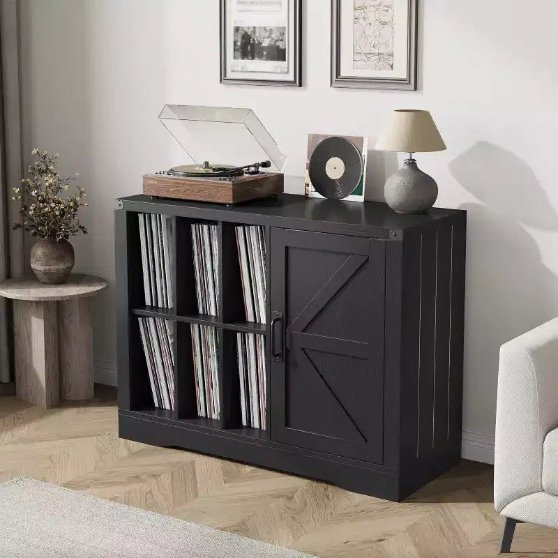 Farmhouse Record Player Stand with Barn Door, Vinyl Storage Cabinet for 750 Albums, Turntable Table with Display Shelves, Wooden Media Console