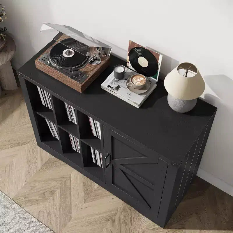 Farmhouse Record Player Stand with Barn Door, Vinyl Storage Cabinet for 750 Albums, Turntable Table with Display Shelves, Wooden Media Console