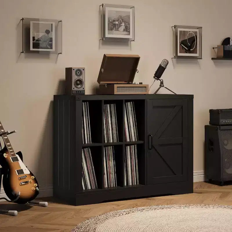 Farmhouse Record Player Stand with Barn Door, Vinyl Storage Cabinet for 750 Albums, Turntable Table with Display Shelves, Wooden Media Console