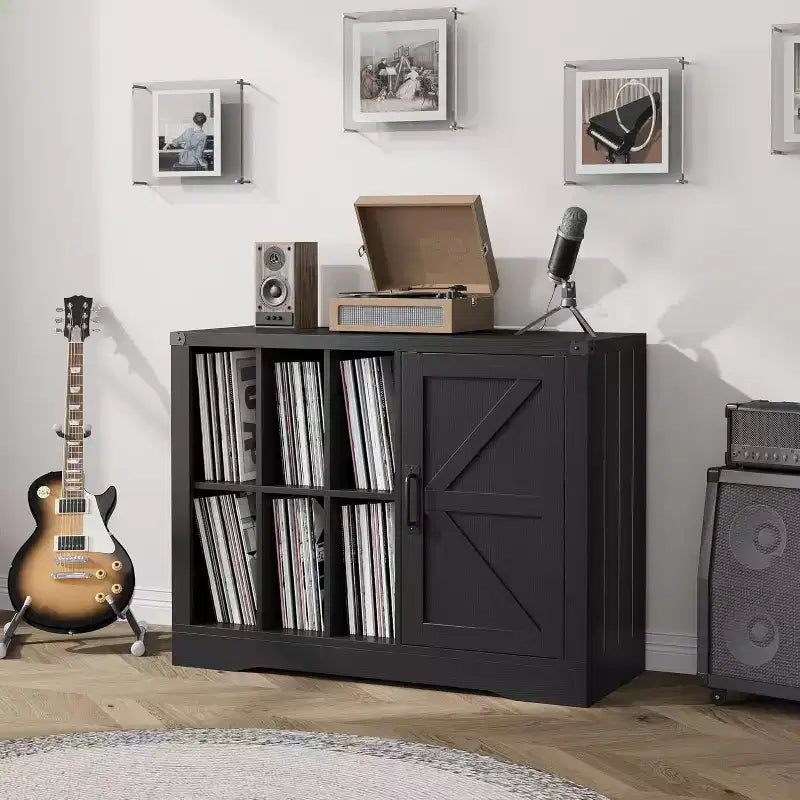 Farmhouse Record Player Stand with Barn Door, Vinyl Storage Cabinet for 750 Albums, Turntable Table with Display Shelves, Wooden Media Console