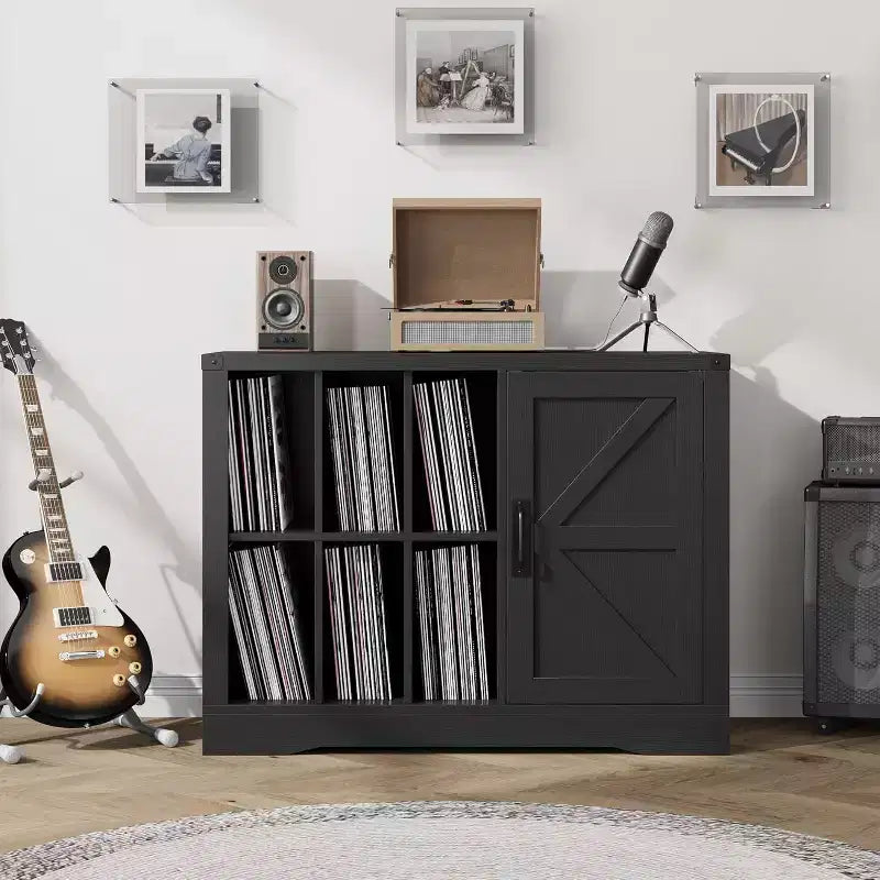 Farmhouse Record Player Stand with Barn Door, Vinyl Storage Cabinet for 750 Albums, Turntable Table with Display Shelves, Wooden Media Console