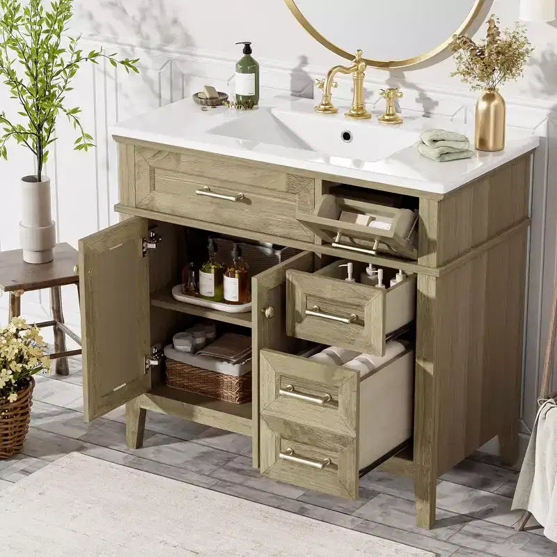 36 Bathroom Vanity Sink Combo, Bathroom Storage Cabinet with Drawers and Adjustable Shelf for Small Space, Light Oak