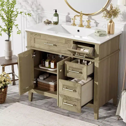 36 Bathroom Vanity Sink Combo, Bathroom Storage Cabinet with Drawers and Adjustable Shelf for Small Space, Light Oak