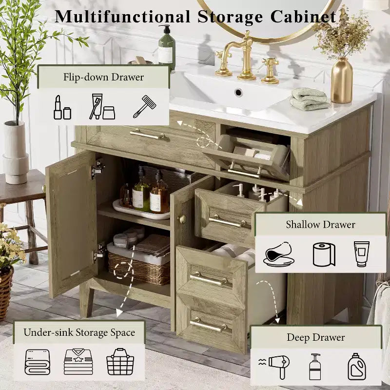 36 Bathroom Vanity Sink Combo, Bathroom Storage Cabinet with Drawers and Adjustable Shelf for Small Space, Light Oak