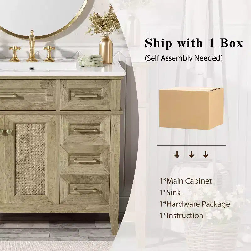 36 Bathroom Vanity Sink Combo, Bathroom Storage Cabinet with Drawers and Adjustable Shelf for Small Space, Light Oak