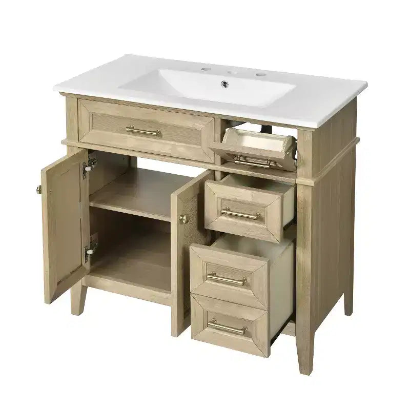 36 Bathroom Vanity Sink Combo, Bathroom Storage Cabinet with Drawers and Adjustable Shelf for Small Space, Light Oak