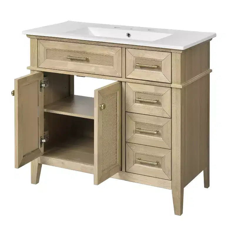 36 Bathroom Vanity Sink Combo, Bathroom Storage Cabinet with Drawers and Adjustable Shelf for Small Space, Light Oak