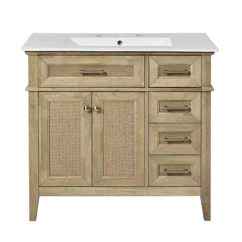 36 Bathroom Vanity Sink Combo, Bathroom Storage Cabinet with Drawers and Adjustable Shelf for Small Space, Light Oak