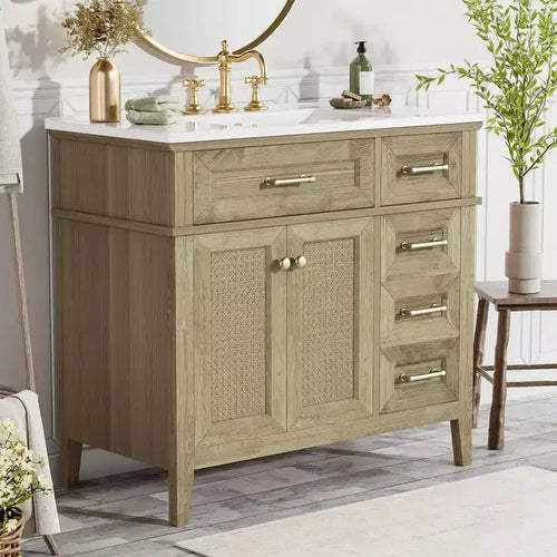 36 Bathroom Vanity Sink Combo, Bathroom Storage Cabinet with Drawers and Adjustable Shelf for Small Space, Light Oak