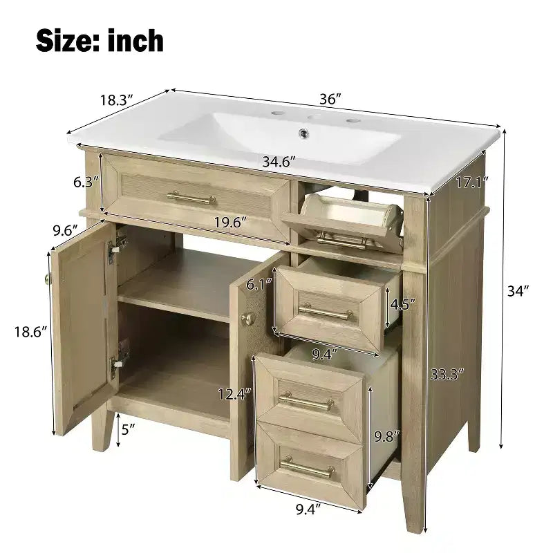 36 Bathroom Vanity Sink Combo, Bathroom Storage Cabinet with Drawers and Adjustable Shelf for Small Space, Light Oak