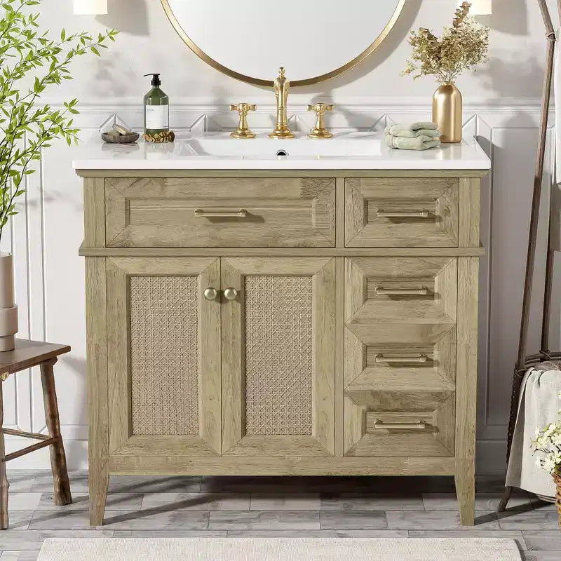 36 Bathroom Vanity Sink Combo, Bathroom Storage Cabinet with Drawers and Adjustable Shelf for Small Space, Light Oak