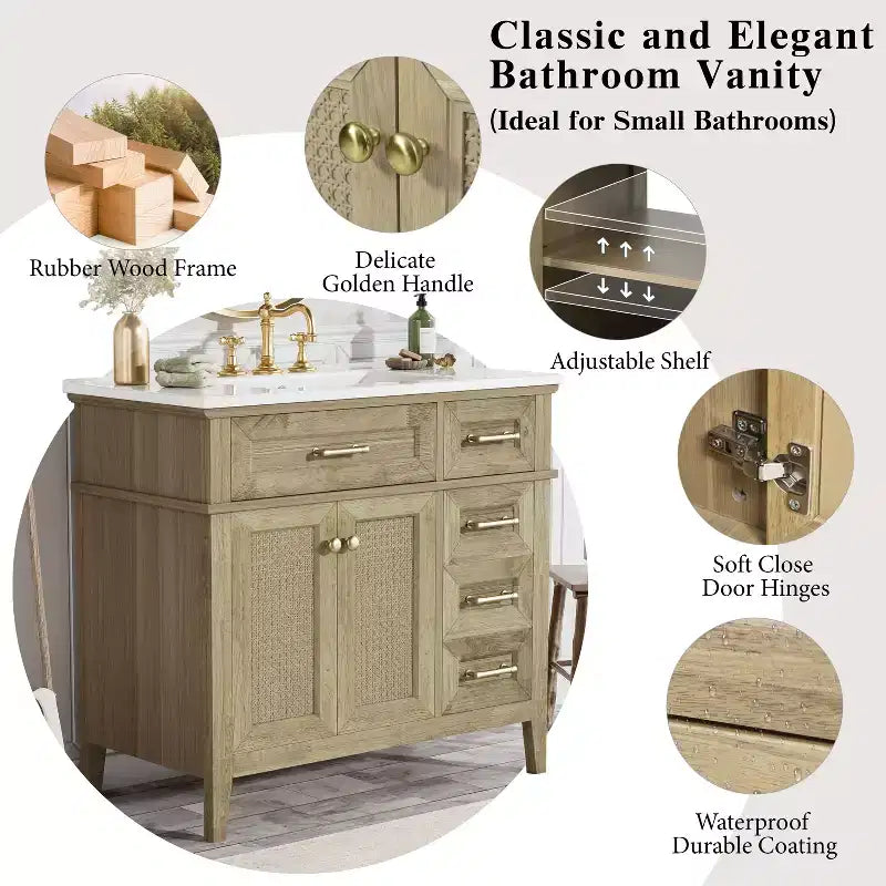 36 Bathroom Vanity Sink Combo, Bathroom Storage Cabinet with Drawers and Adjustable Shelf for Small Space, Light Oak