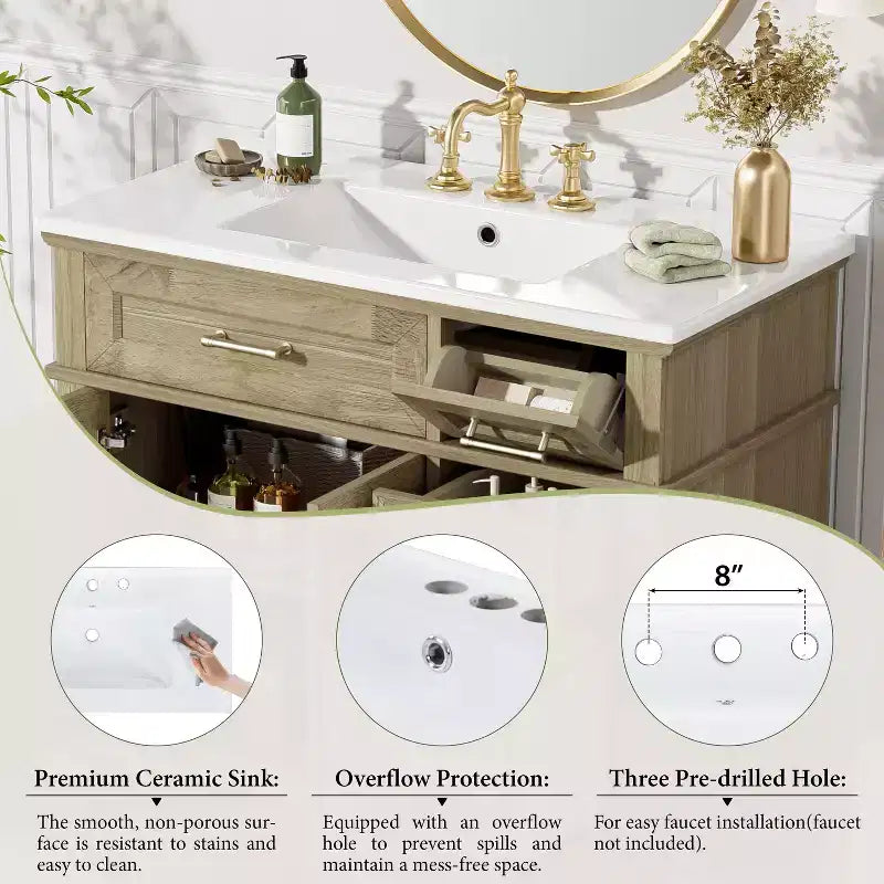 36 Bathroom Vanity Sink Combo, Bathroom Storage Cabinet with Drawers and Adjustable Shelf for Small Space, Light Oak