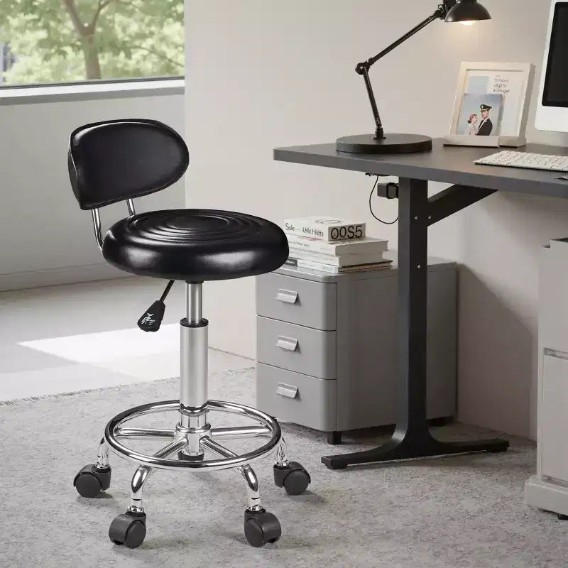 VECELO Faux Leather Office Chair Adjustable Height Swivel Rolling Ergonomic Office Stool with Backrest & Footrest, Black/White