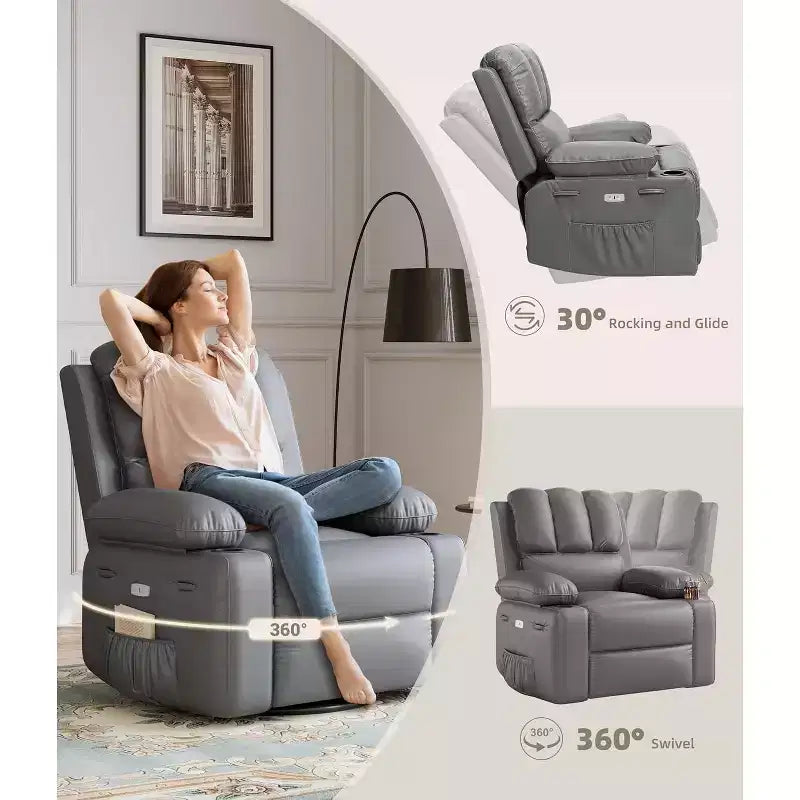 Oversized Recliner Chair Rocking, Massage & Heat, 360 Swivel with Remote & Cup Holder for Living Room, Bedroom, Nursery