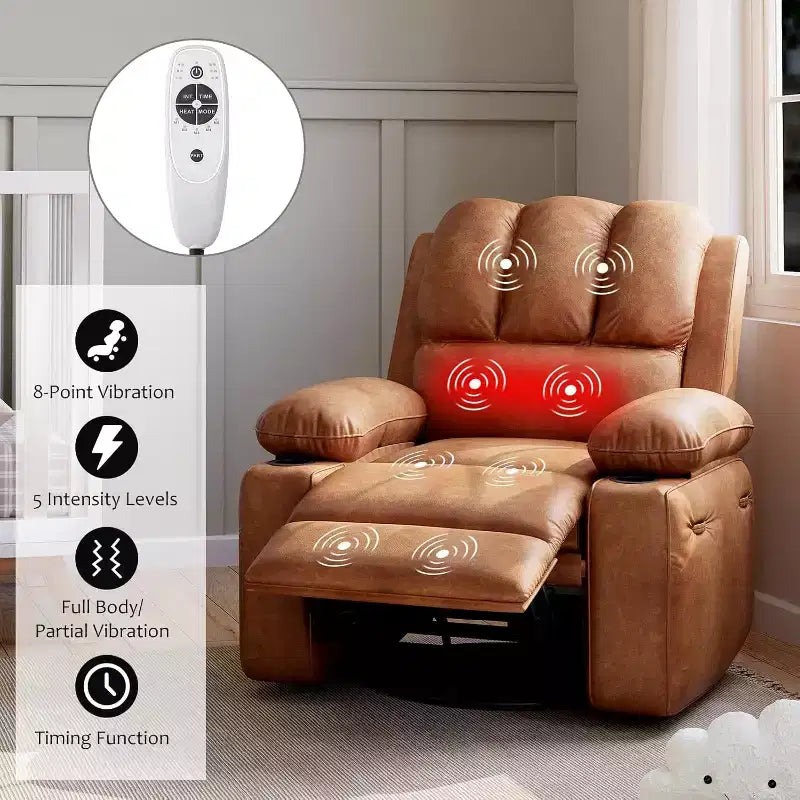 Oversized Recliner Chair Rocking, Massage & Heat, 360 Swivel with Remote & Cup Holder for Living Room, Bedroom, Nursery
