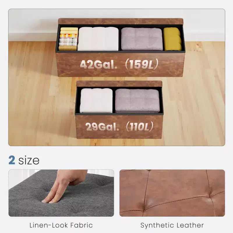 Okak 30/43IN Foldable Storage Ottoman with Synthetic Leather Cushion, Bed Bench with Thicker Foam Padded Seat, Entryway Bench for Home