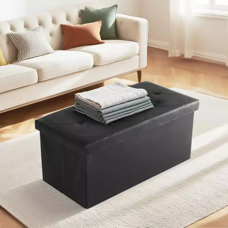 Okak 30/43IN Foldable Storage Ottoman with Synthetic Leather Cushion, Bed Bench with Thicker Foam Padded Seat, Entryway Bench for Home