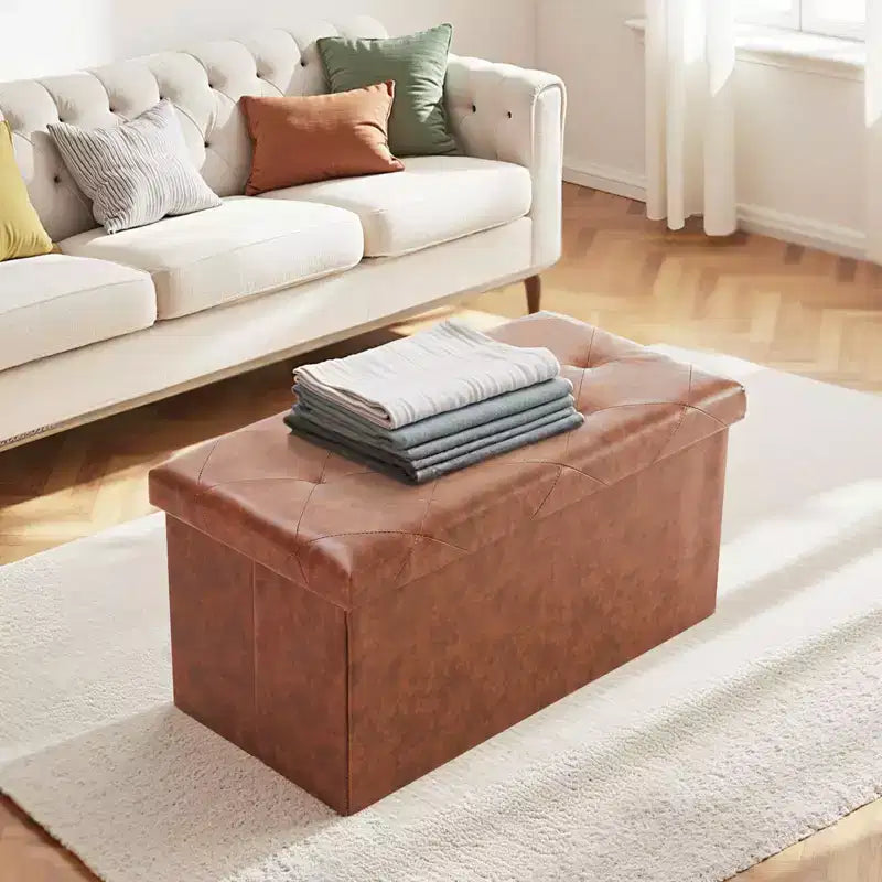 Okak 30/43IN Foldable Storage Ottoman with Synthetic Leather Cushion, Bed Bench with Thicker Foam Padded Seat, Entryway Bench for Home