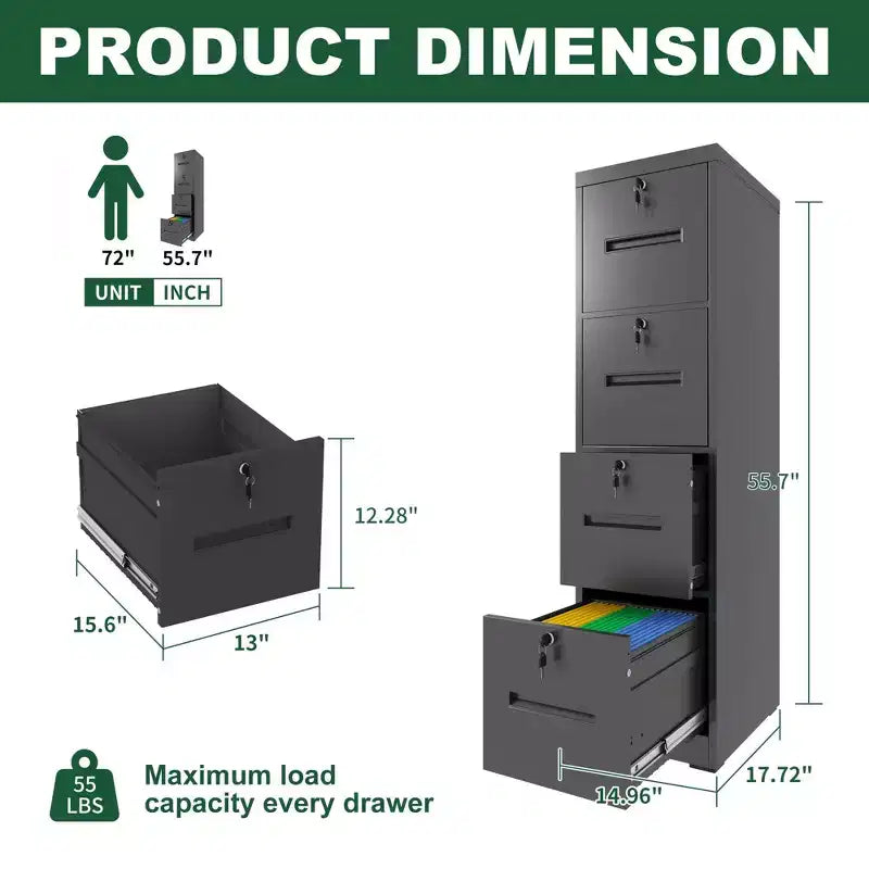 VIYET 56H 4-Drawer Metal Vertical File Cabinet with 4 Individual Locks, Black Steel Filing Cabinet for Home Office(Assembly Required)