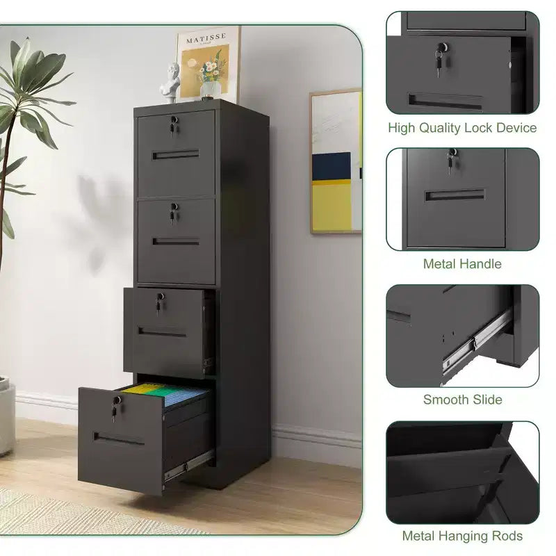 VIYET 56H 4-Drawer Metal Vertical File Cabinet with 4 Individual Locks, Black Steel Filing Cabinet for Home Office(Assembly Required)
