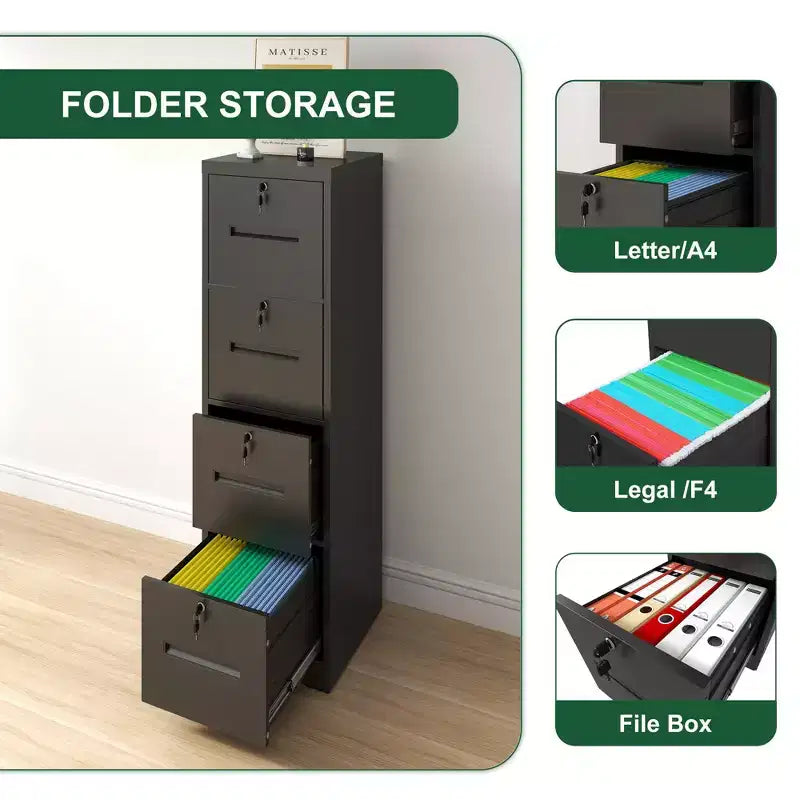 VIYET 56H 4-Drawer Metal Vertical File Cabinet with 4 Individual Locks, Black Steel Filing Cabinet for Home Office(Assembly Required)