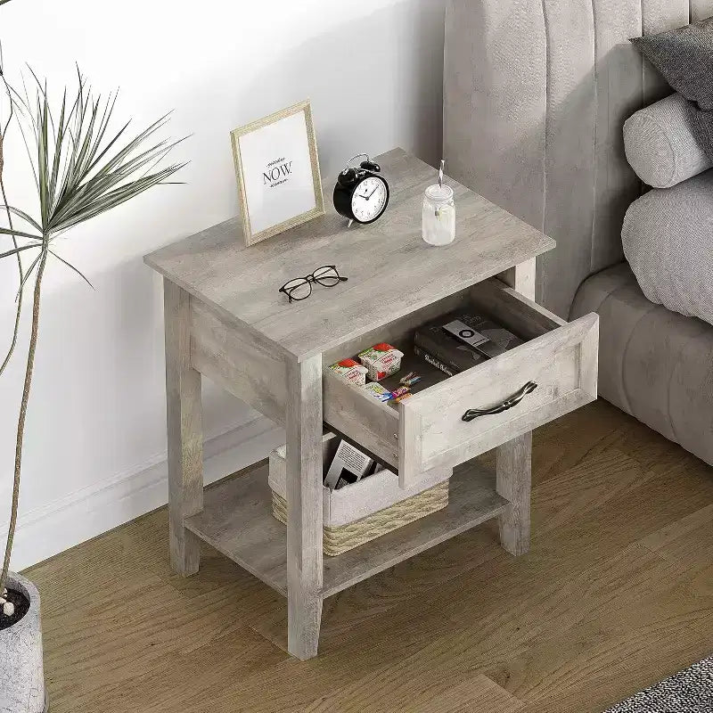 Industrial Bedside Table with Drawer & Shelf, Wood Corners, Easy Assembly, 19.7 x 15.7 x 23.4 for Bedroom, Living Room, Dorm