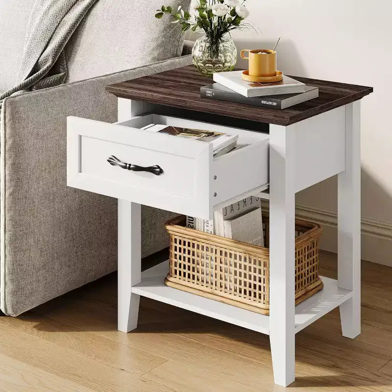 Industrial Bedside Table with Drawer & Shelf, Wood Corners, Easy Assembly, 19.7 x 15.7 x 23.4 for Bedroom, Living Room, Dorm