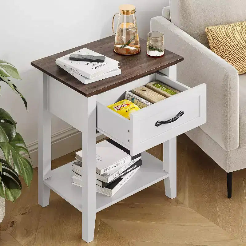 Industrial Bedside Table with Drawer & Shelf, Wood Corners, Easy Assembly, 19.7 x 15.7 x 23.4 for Bedroom, Living Room, Dorm