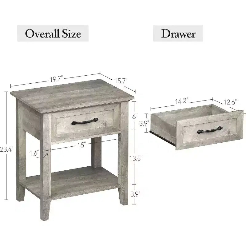 Industrial Bedside Table with Drawer & Shelf, Wood Corners, Easy Assembly, 19.7 x 15.7 x 23.4 for Bedroom, Living Room, Dorm