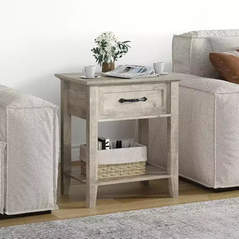 Industrial Bedside Table with Drawer & Shelf, Wood Corners, Easy Assembly, 19.7 x 15.7 x 23.4 for Bedroom, Living Room, Dorm