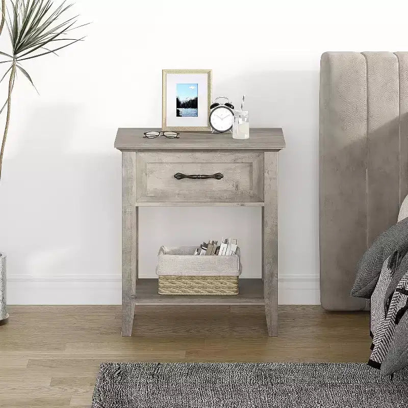 Industrial Bedside Table with Drawer & Shelf, Wood Corners, Easy Assembly, 19.7 x 15.7 x 23.4 for Bedroom, Living Room, Dorm