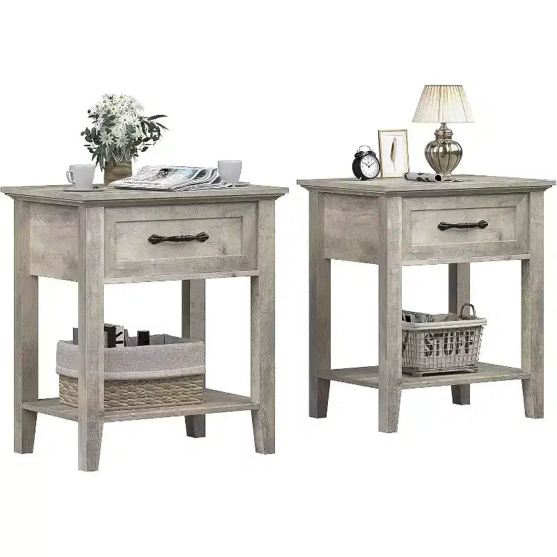 Industrial Bedside Table with Drawer & Shelf, Wood Corners, Easy Assembly, 19.7 x 15.7 x 23.4 for Bedroom, Living Room, Dorm