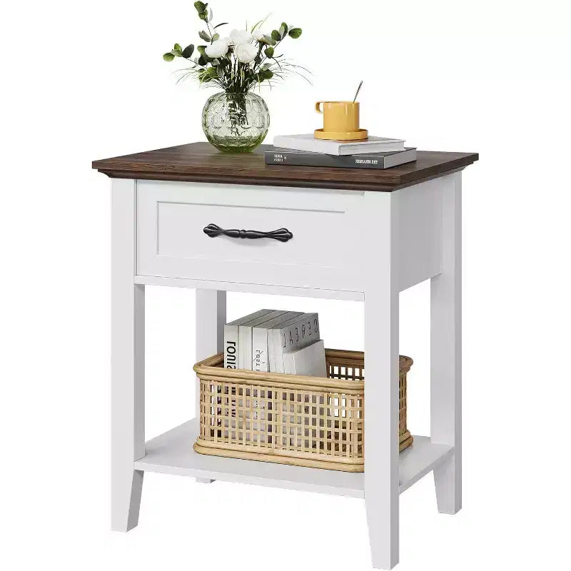 Industrial Bedside Table with Drawer & Shelf, Wood Corners, Easy Assembly, 19.7 x 15.7 x 23.4 for Bedroom, Living Room, Dorm