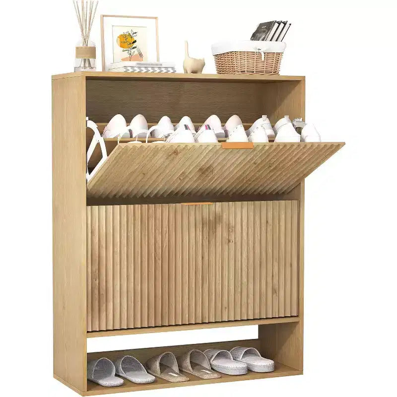 Slim Shoe Cabinet with 2 Flip Drawers & Side Hooks, Freestanding Narrow Shoe Rack Organizer for Entryway, Hallway