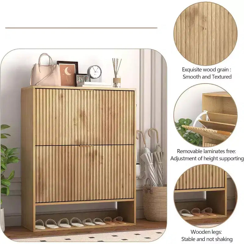 Slim Shoe Cabinet with 2 Flip Drawers & Side Hooks, Freestanding Narrow Shoe Rack Organizer for Entryway, Hallway